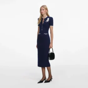 Navy Crochet Flower Knit Midi Dress Navy Crochet Flower Knit Midi Dress