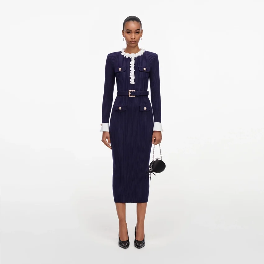 Navy Flower Rib Knit Midi Dress Navy Flower Rib Knit Midi Dress