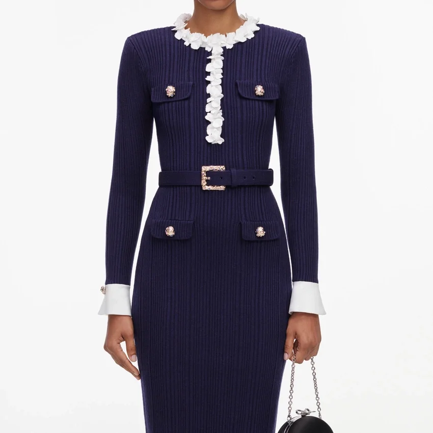 Navy Flower Rib Knit Midi Dress Navy Flower Rib Knit Midi Dress