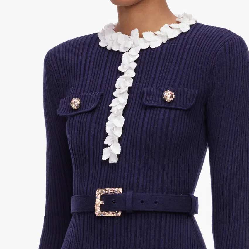 Navy Flower Rib Knit Mini Dress Navy Flower Rib Knit Mini Dress