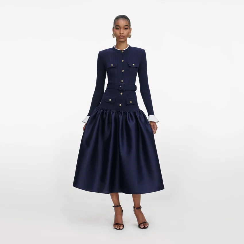 Navy Knit Taffeta Midi Dress Navy Knit Taffeta Midi Dress