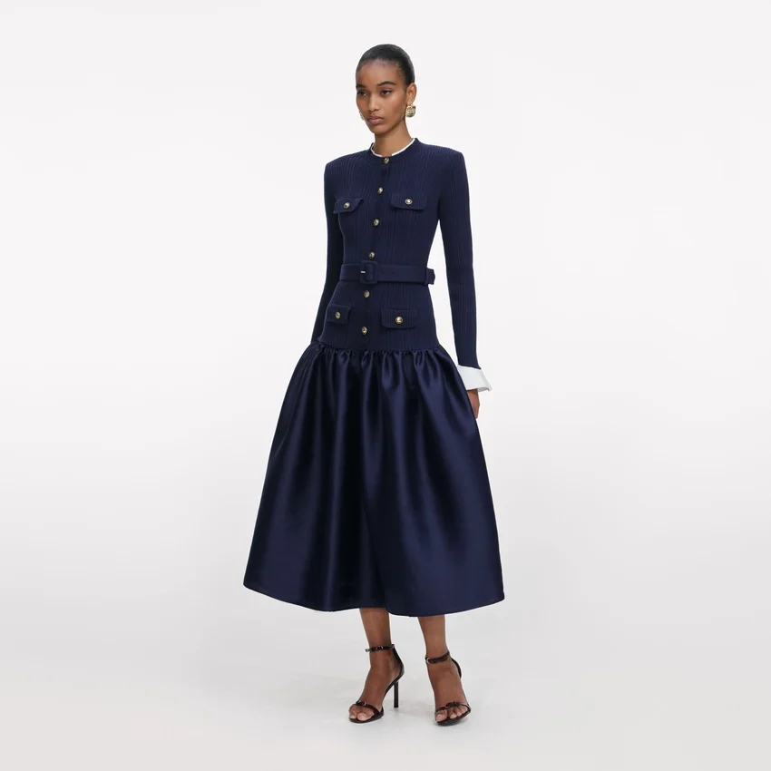Navy Knit Taffeta Midi Dress Navy Knit Taffeta Midi Dress