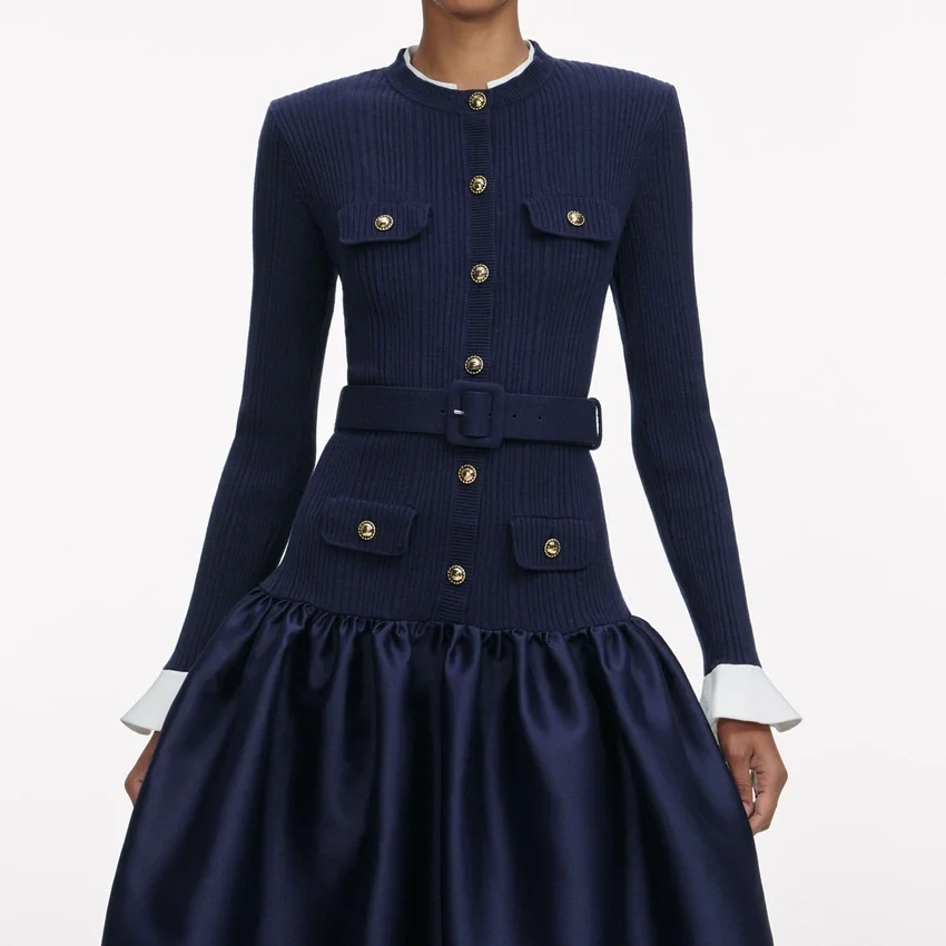 Navy Knit Taffeta Midi Dress Navy Knit Taffeta Midi Dress