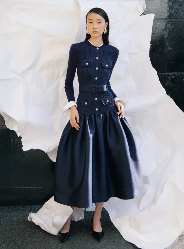 Navy Knit Taffeta Midi Dress Navy Knit Taffeta Midi Dress