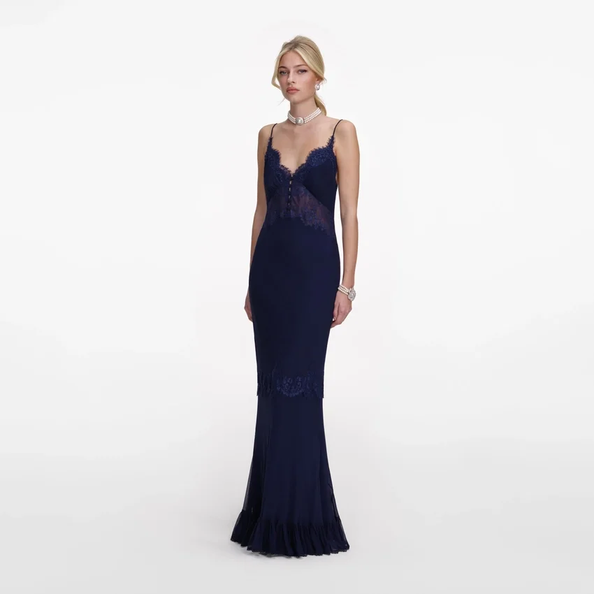 Navy Lace Georgette Maxi Dress Navy Lace Georgette Maxi Dress