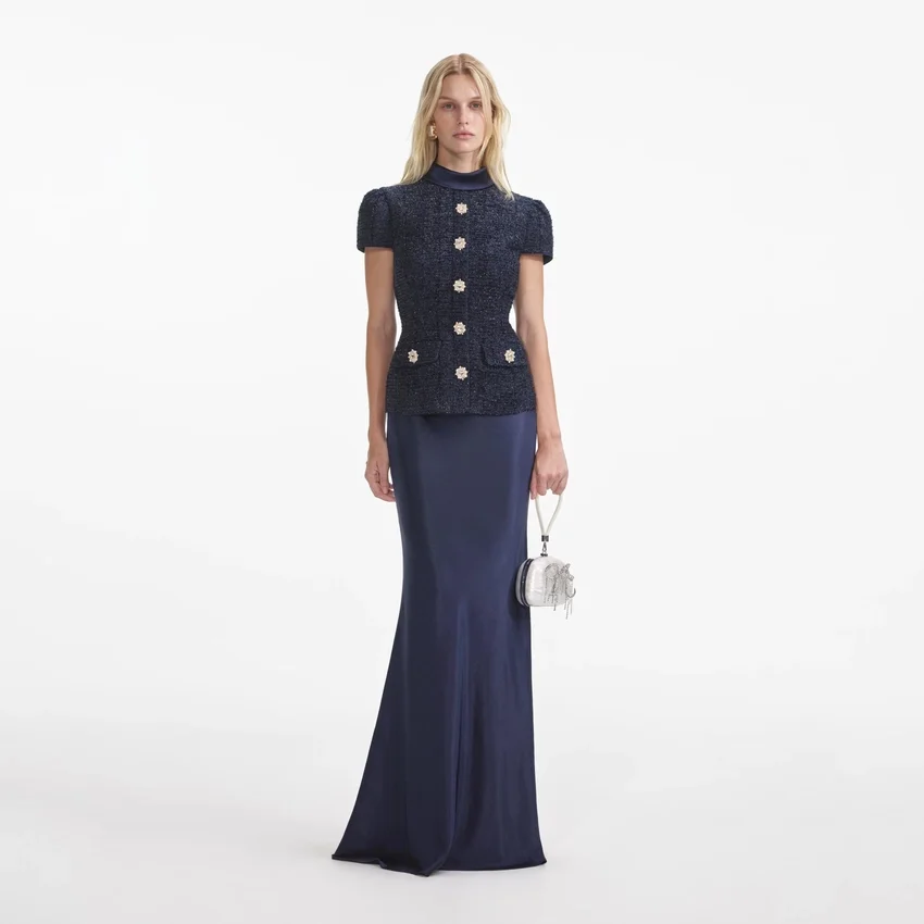 Navy Metallic Boucle Maxi Dress Navy Metallic Boucle Maxi Dress