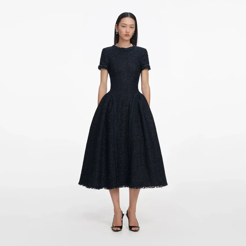 Navy Metallic Boucle Midi Dress Navy Metallic Boucle Midi Dress