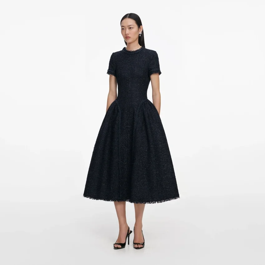 Navy Metallic Boucle Midi Dress Navy Metallic Boucle Midi Dress