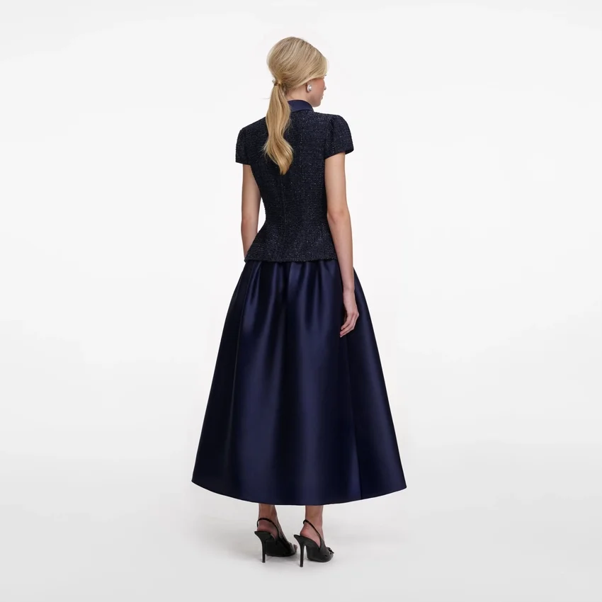 Navy Metallic Boucle Taffeta Midi Dress Navy Metallic Boucle Taffeta Midi Dress