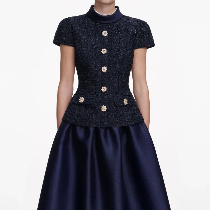 Navy Metallic Boucle Taffeta Midi Dress Navy Metallic Boucle Taffeta Midi Dress