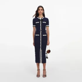 Navy Pointelle Knit Midi Dress
