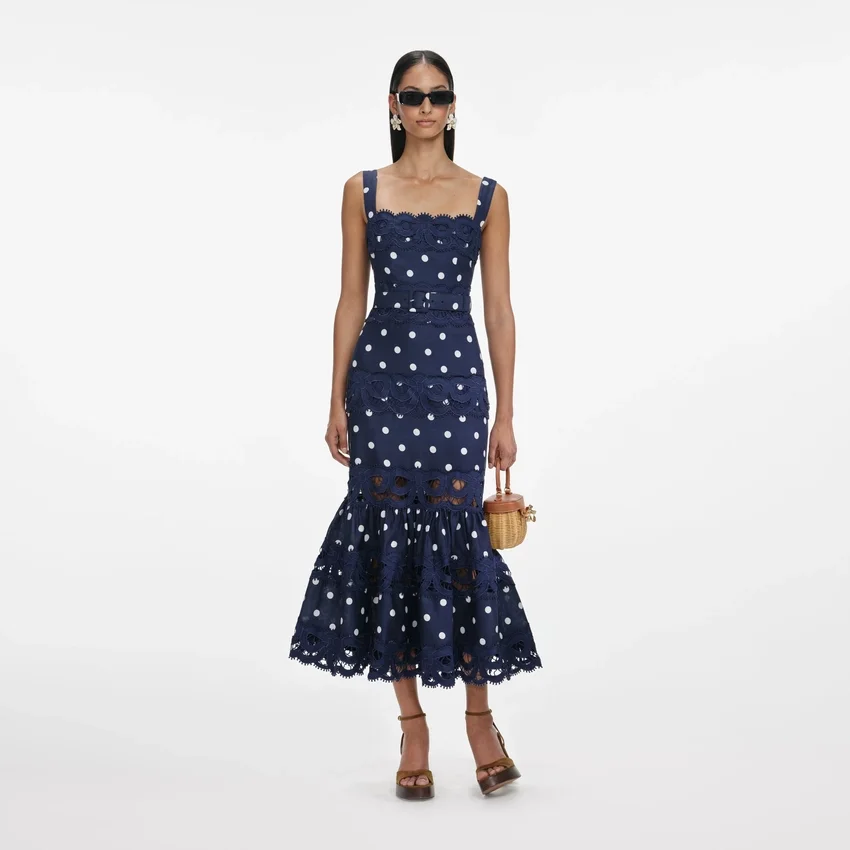 Navy Polka Dot Linen Midi Dress Navy Polka Dot Linen Midi Dress