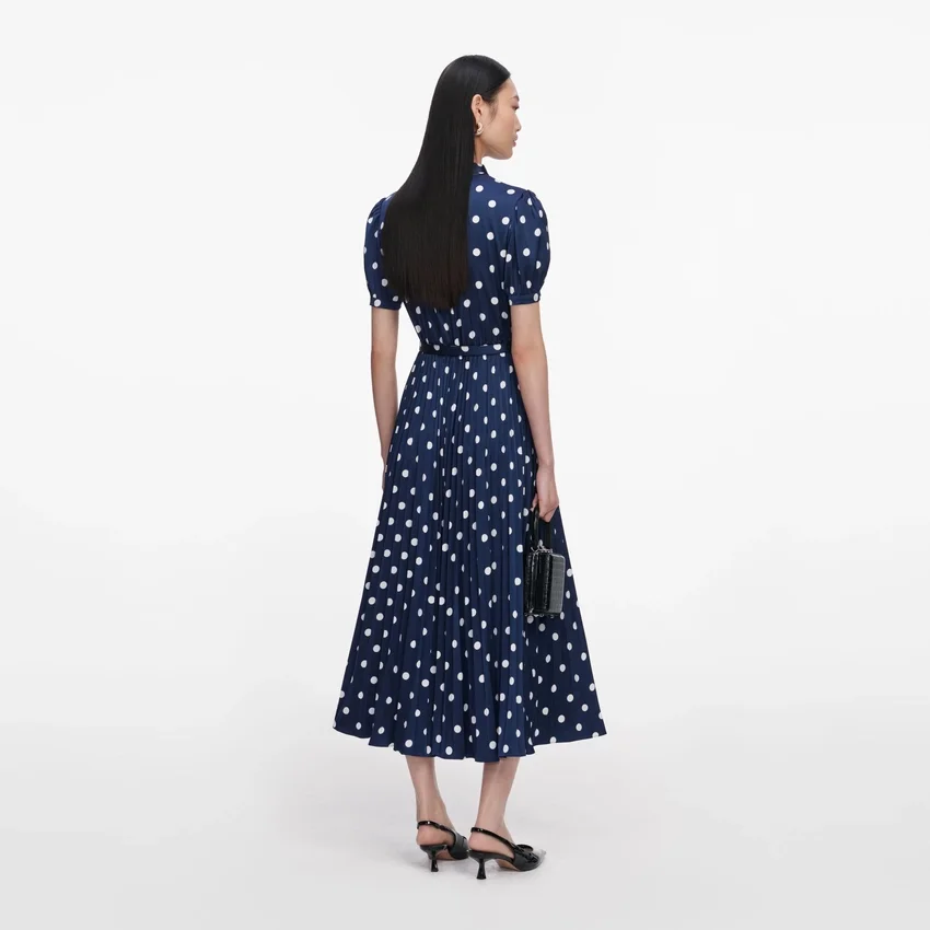 Navy Polka Dot Satin Midi Dress Navy Polka Dot Satin Midi Dress