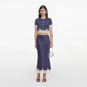 Navy Polka Dot Satin Midi Skirt