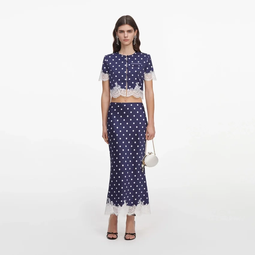 Navy Polka Dot Satin Midi Skirt Navy Polka Dot Satin Midi Skirt