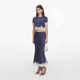 Navy Polka Dot Satin Midi Skirt