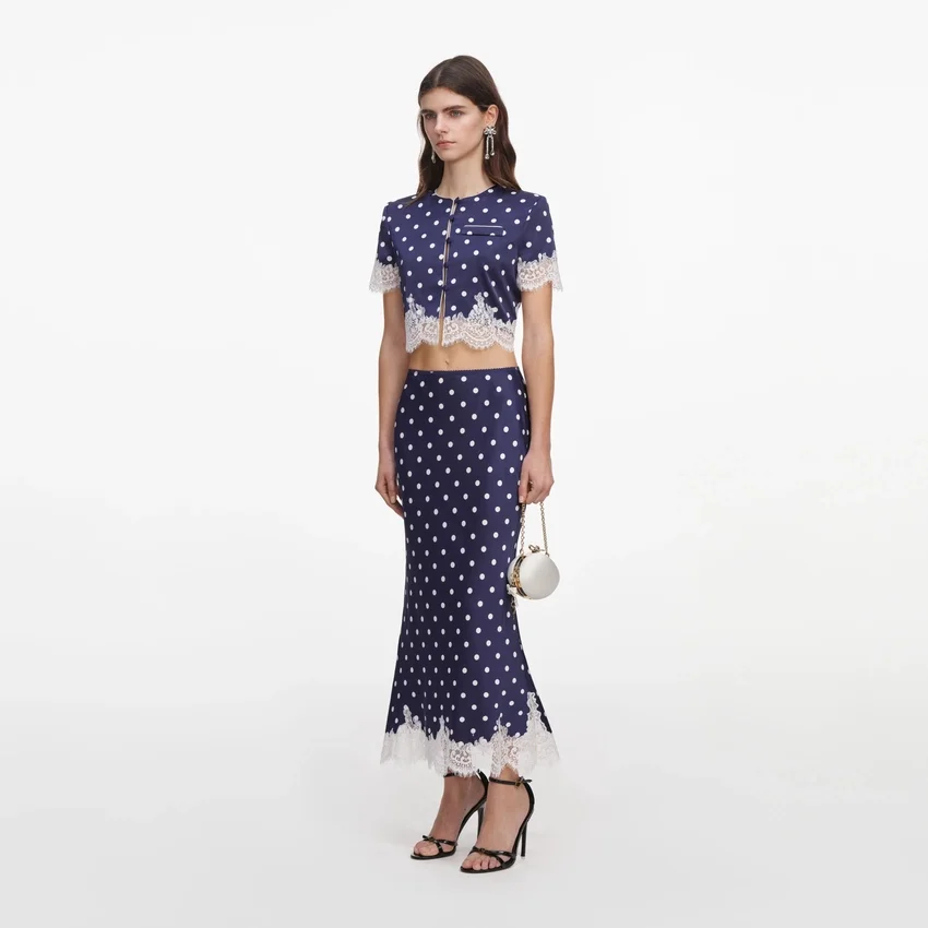 Navy Polka Dot Satin Midi Skirt Navy Polka Dot Satin Midi Skirt