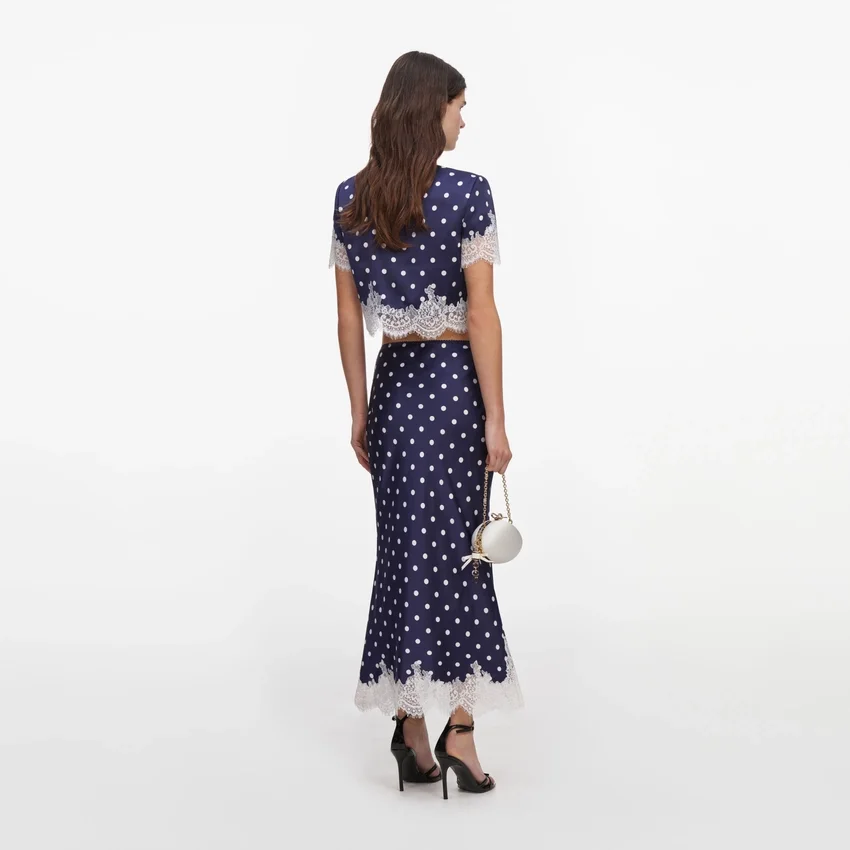 Navy Polka Dot Satin Midi Skirt Navy Polka Dot Satin Midi Skirt