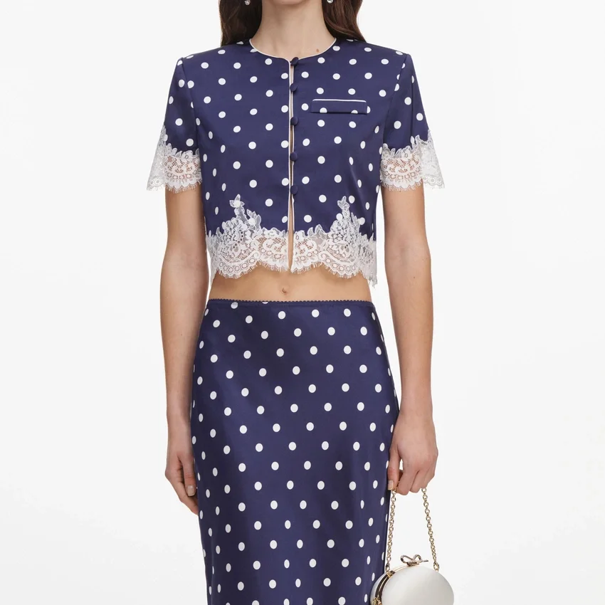 Navy Polka Dot Satin Midi Skirt Navy Polka Dot Satin Midi Skirt