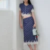 Navy Polka Dot Satin Midi Skirt Navy Polka Dot Satin Midi Skirt