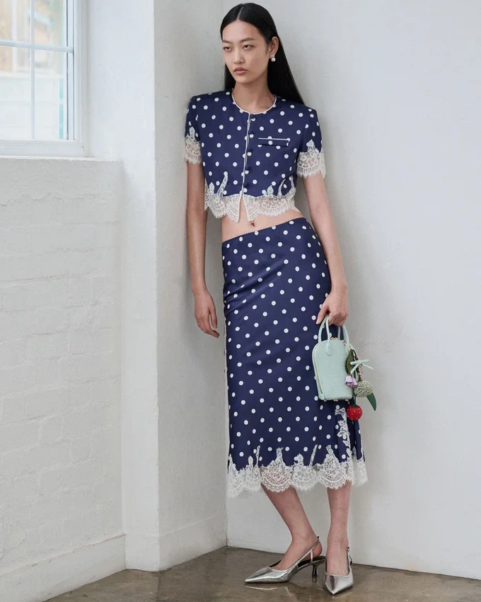 Navy Polka Dot Satin Midi Skirt Navy Polka Dot Satin Midi Skirt