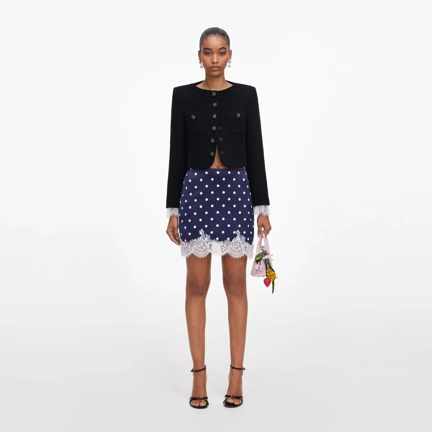 Navy Polka Dot Satin Mini Skirt Navy Polka Dot Satin Mini Skirt