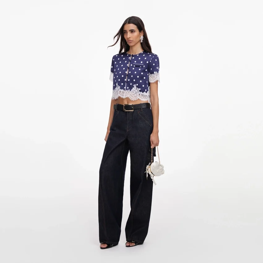 Navy Polka Dot Satin Top Navy Polka Dot Satin Top