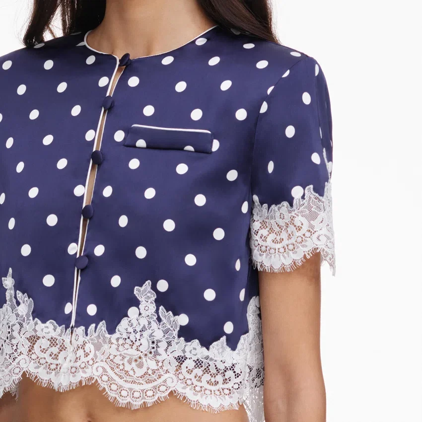 Navy Polka Dot Satin Top Navy Polka Dot Satin Top