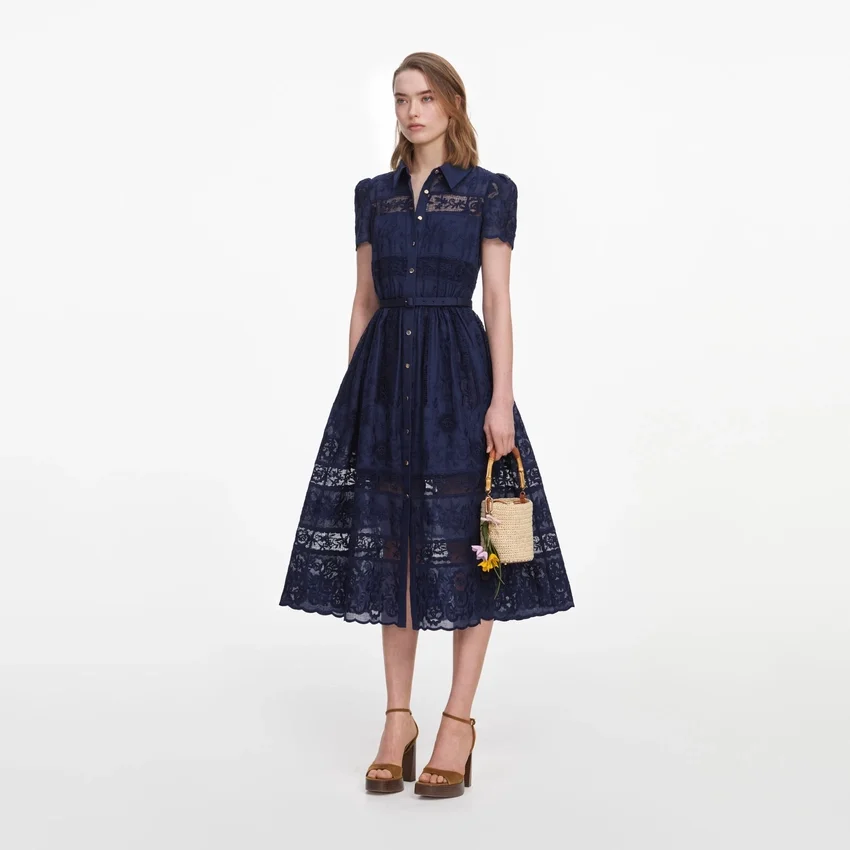 Navy Ramie Collared Midi Dress Navy Ramie Collared Midi Dress