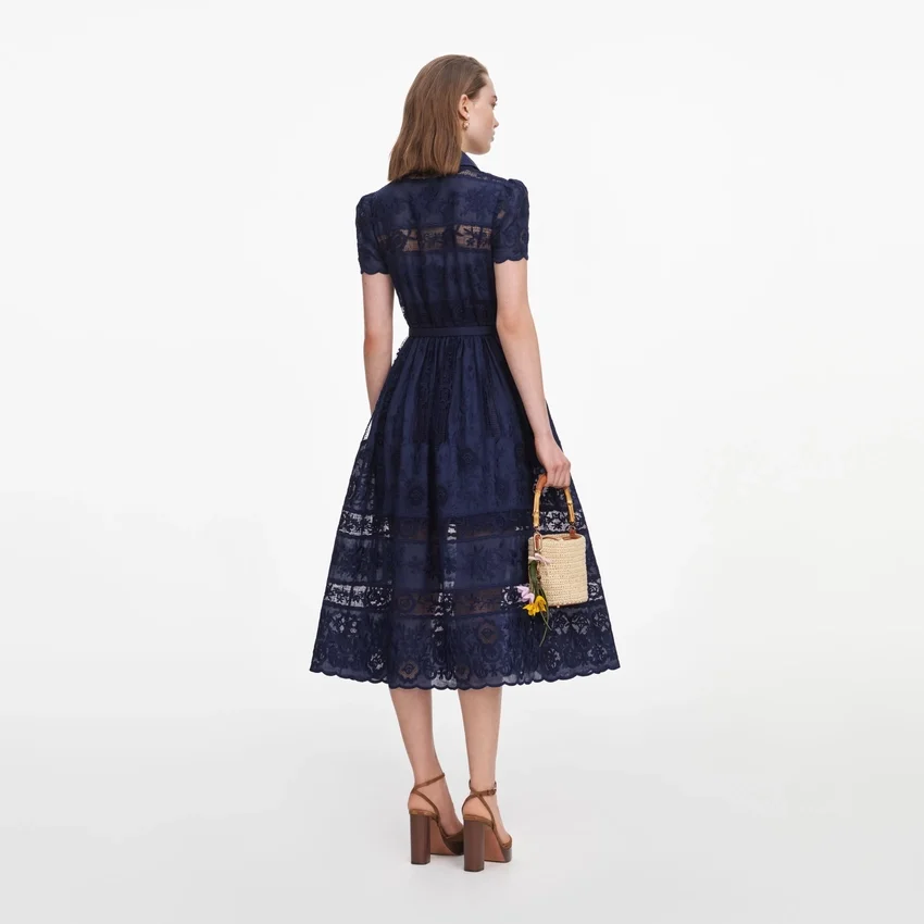 Navy Ramie Collared Midi Dress Navy Ramie Collared Midi Dress