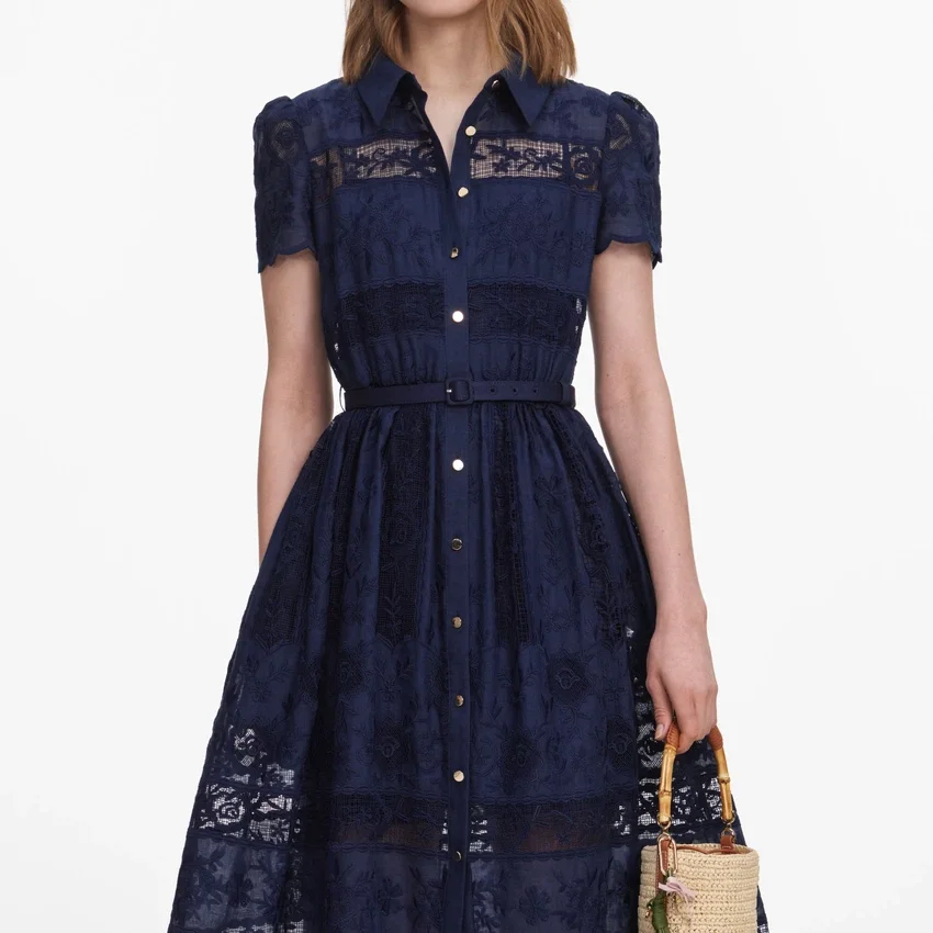 Navy Ramie Collared Midi Dress Navy Ramie Collared Midi Dress