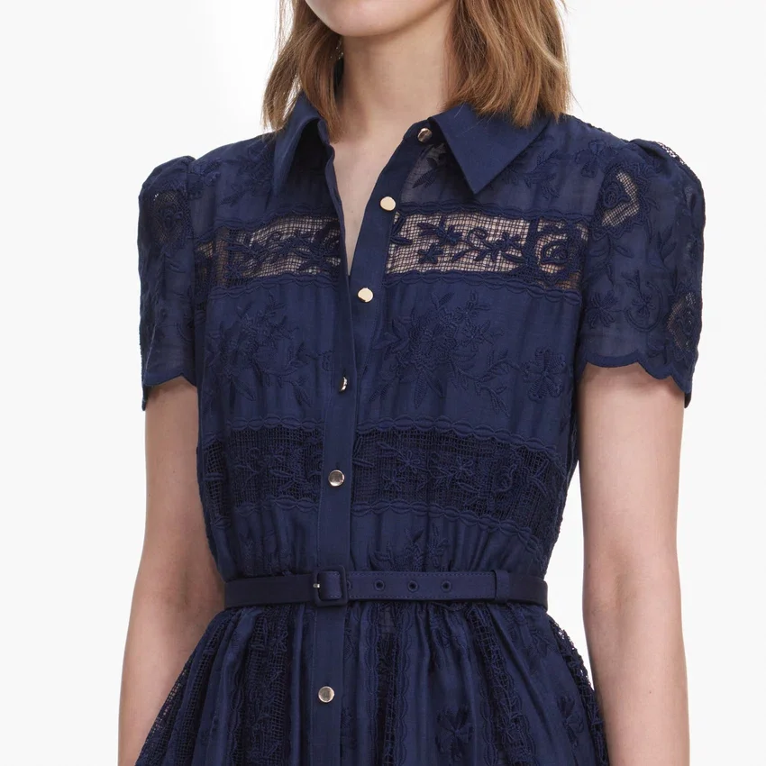 Navy Ramie Collared Midi Dress Navy Ramie Collared Midi Dress