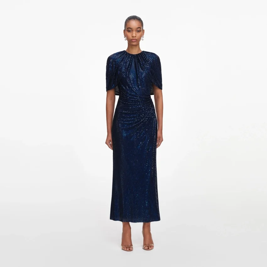 Navy Rhinestone Cape Sleeve Midi Dress Navy Rhinestone Cape Sleeve Midi Dress