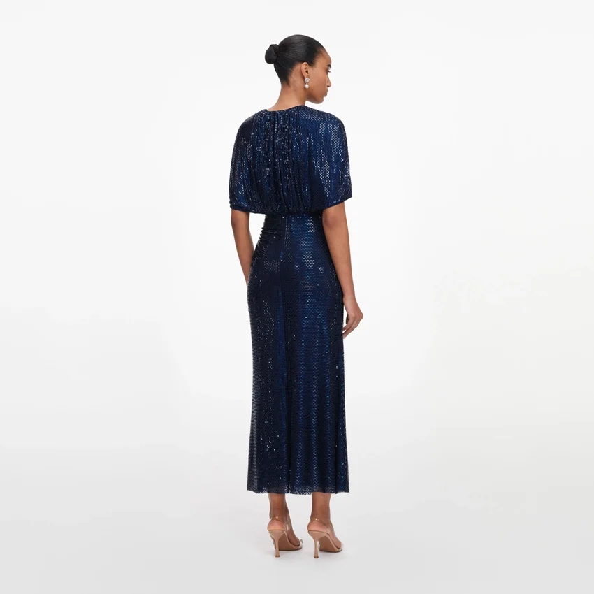 Navy Rhinestone Cape Sleeve Midi Dress Navy Rhinestone Cape Sleeve Midi Dress