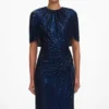 Navy Rhinestone Cape Sleeve Midi Dress Navy Rhinestone Cape Sleeve Midi Dress