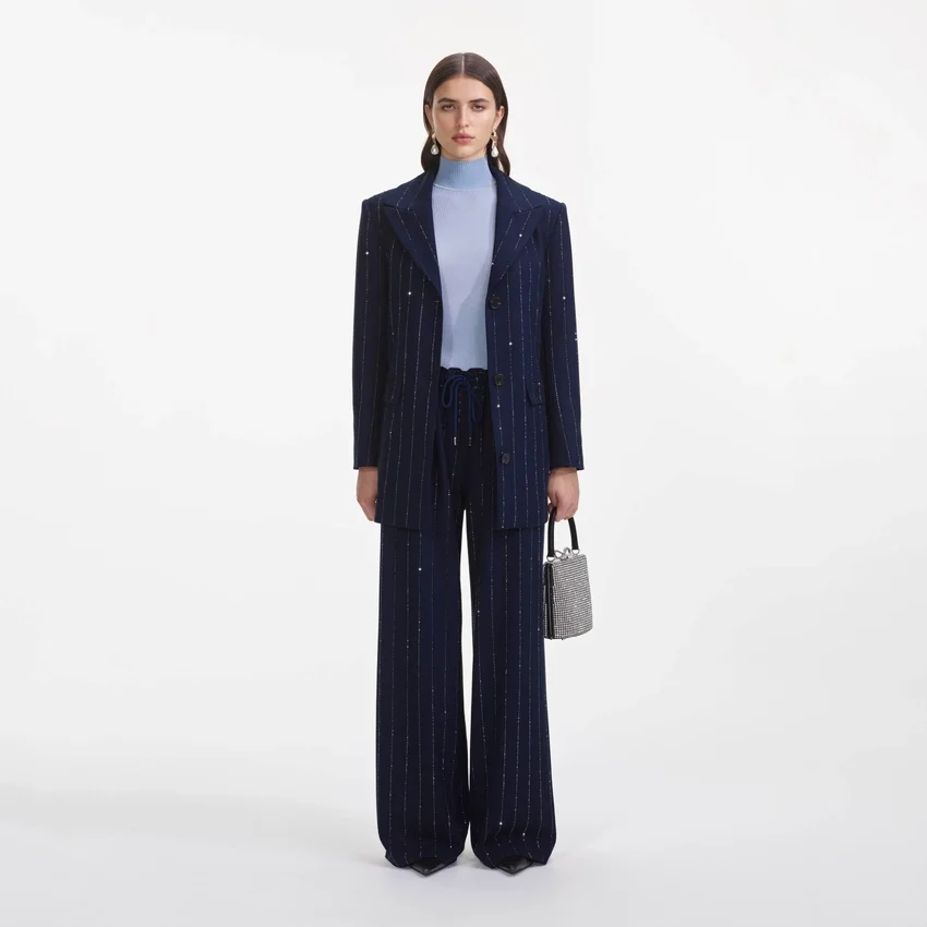 Navy Rhinestone Pinstripe Trousers Navy Rhinestone Pinstripe Trousers