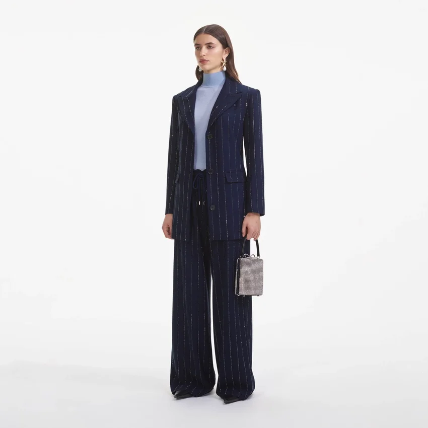 Navy Rhinestone Pinstripe Trousers Navy Rhinestone Pinstripe Trousers