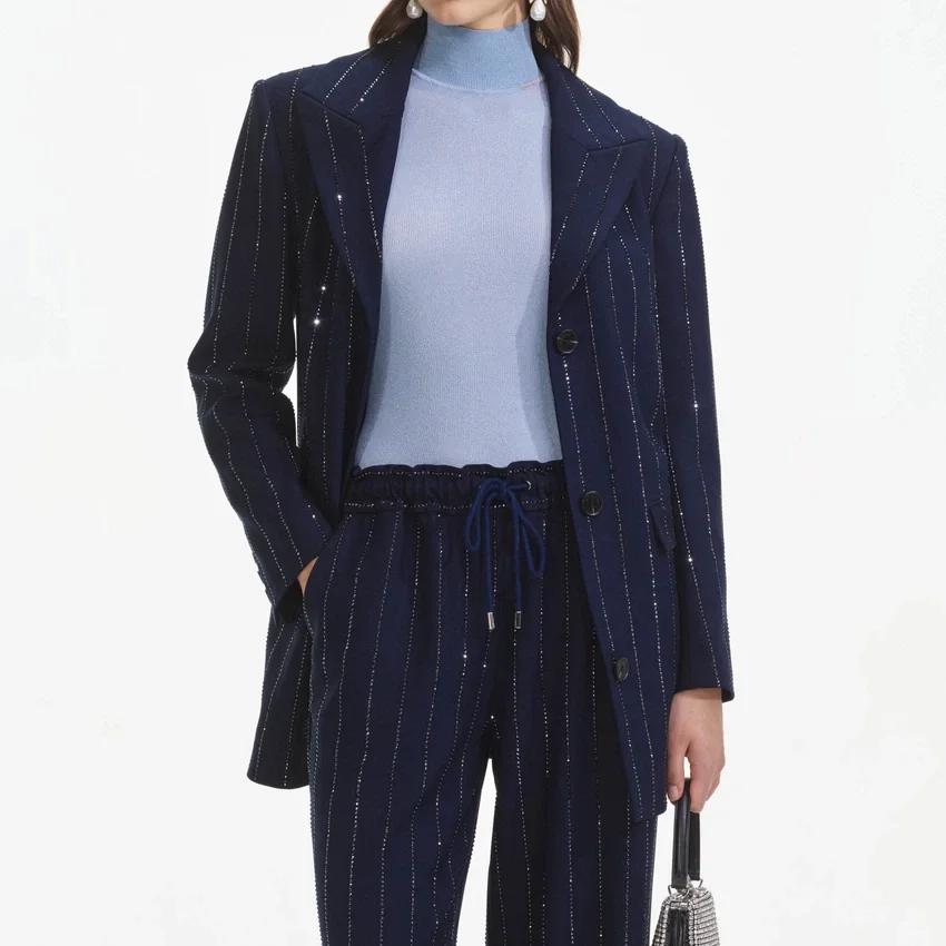 Navy Rhinestone Pinstripe Trousers Navy Rhinestone Pinstripe Trousers