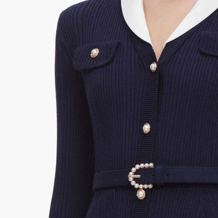 Navy Ribbed Knit Contrast Midi Dress Navy Ribbed Knit Contrast Midi Dress