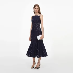 Navy Spiral Lace Midi Dress
