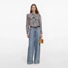Navy Stripe Tie Neck Blouse