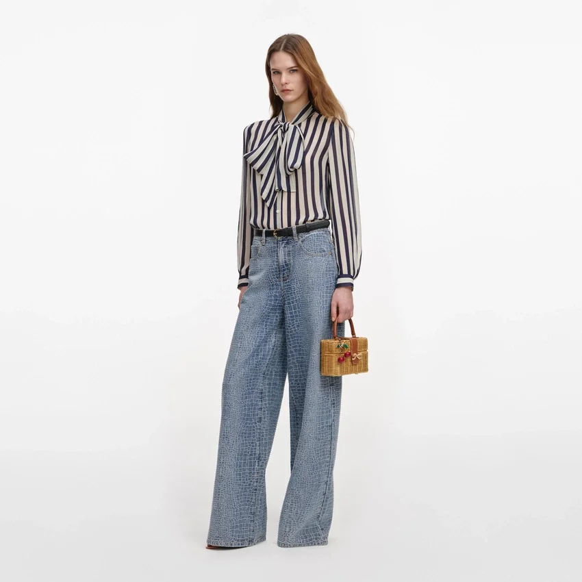 Navy Stripe Tie Neck Blouse Navy Stripe Tie Neck Blouse