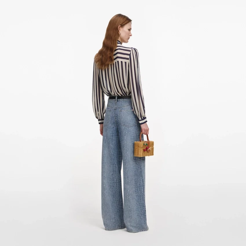 Navy Stripe Tie Neck Blouse Navy Stripe Tie Neck Blouse