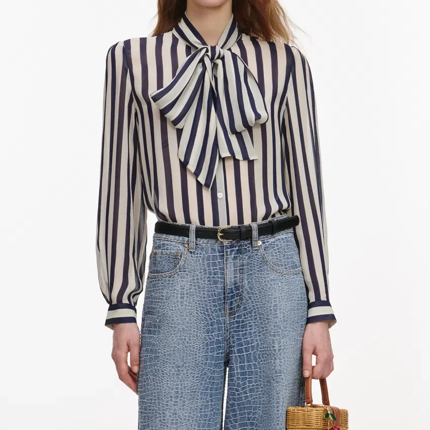 Navy Stripe Tie Neck Blouse Navy Stripe Tie Neck Blouse