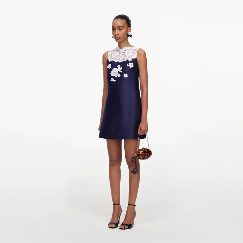 Navy Taffeta Lace Mini Dress Navy Taffeta Lace Mini Dress