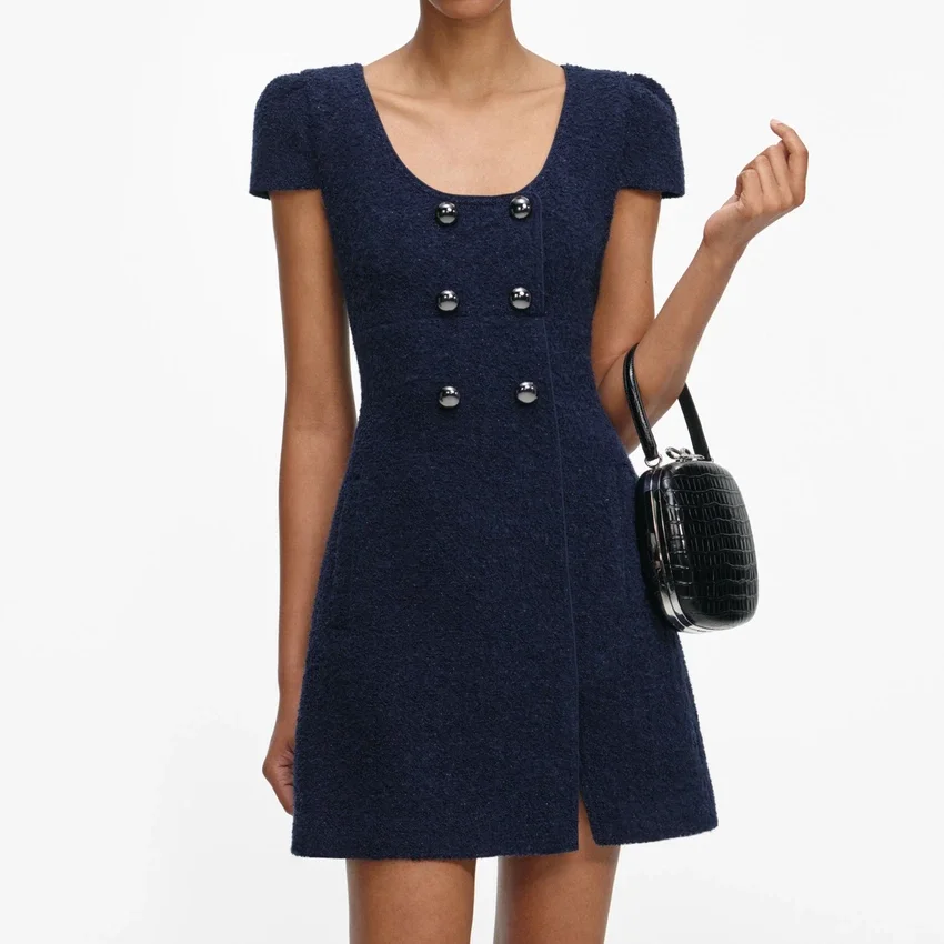 Navy Textured Boucle Mini Dress Navy Textured Boucle Mini Dress