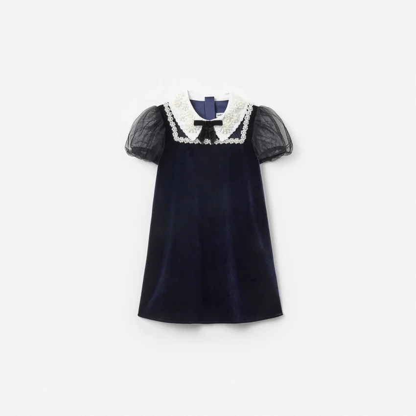 Navy Velvet Tulle Flower Trim Dress Navy Velvet Tulle Flower Trim Dress