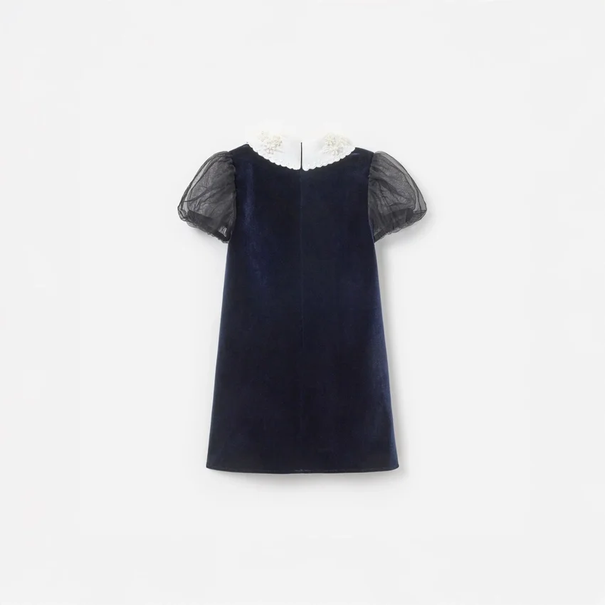 Navy Velvet Tulle Flower Trim Dress Navy Velvet Tulle Flower Trim Dress