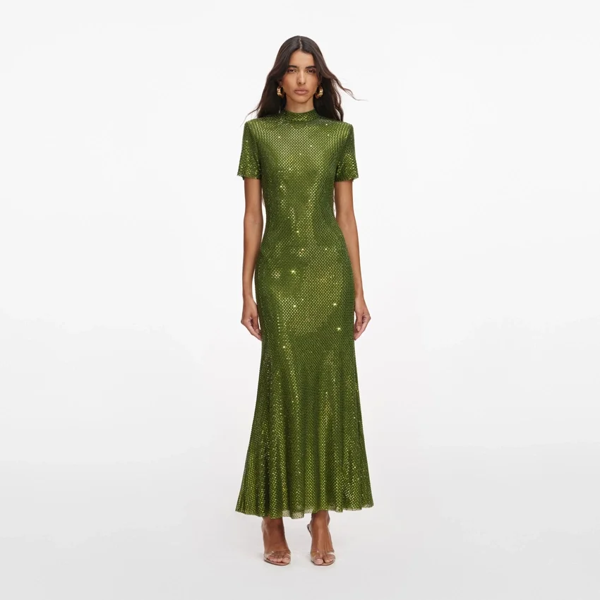 Olive Rhinestone Mesh Midi Dress Olive Rhinestone Mesh Midi Dress
