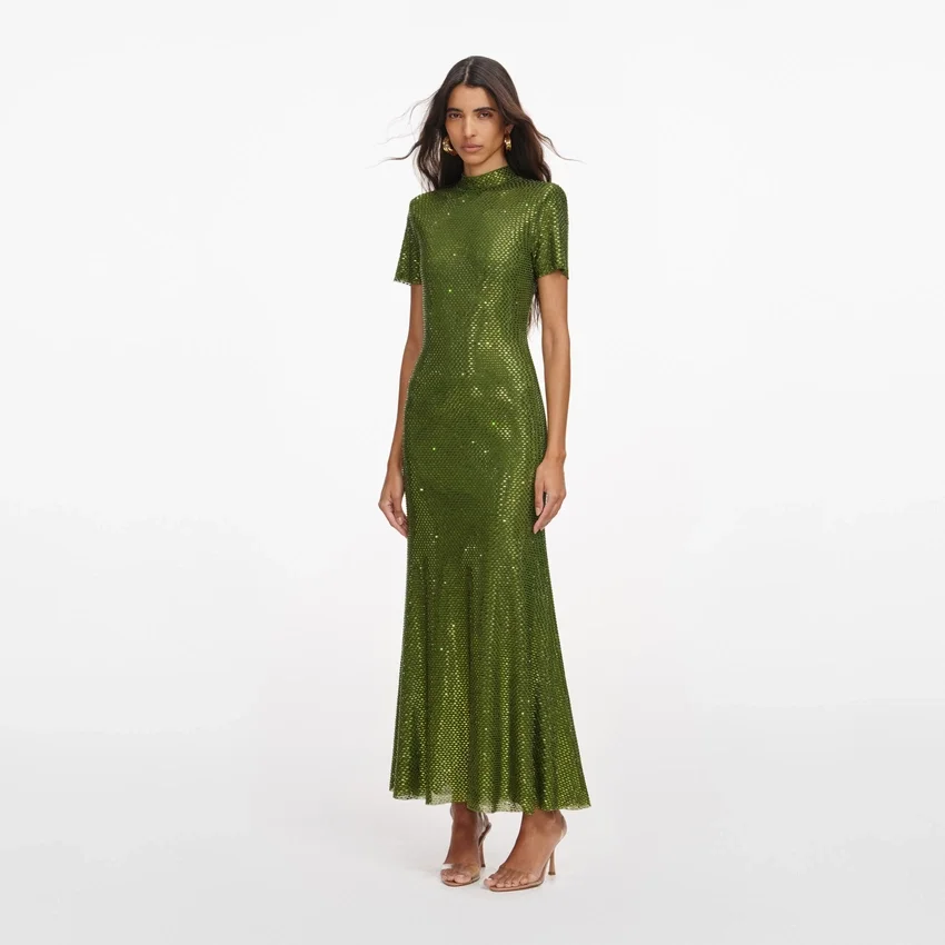 Olive Rhinestone Mesh Midi Dress Olive Rhinestone Mesh Midi Dress